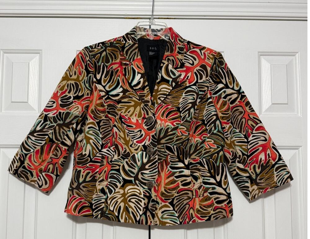 Vintage RQT Blazer-Style Leaf Pattern Cotton Jacket, Size L